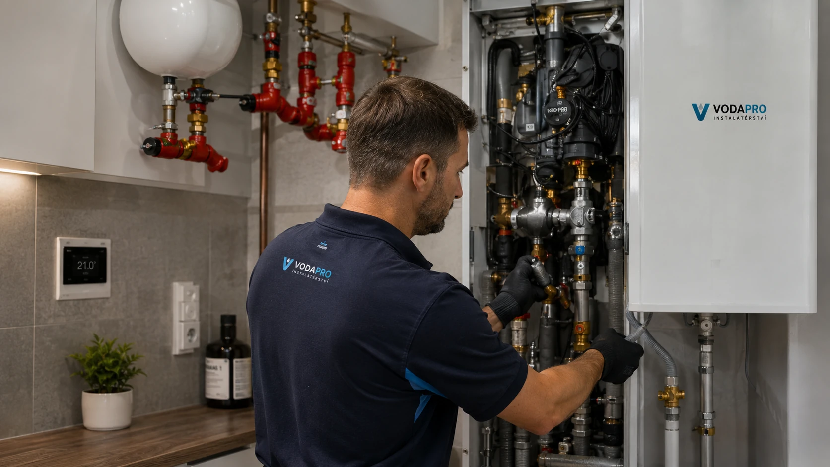 Instalatér pracuje u kotle a topení